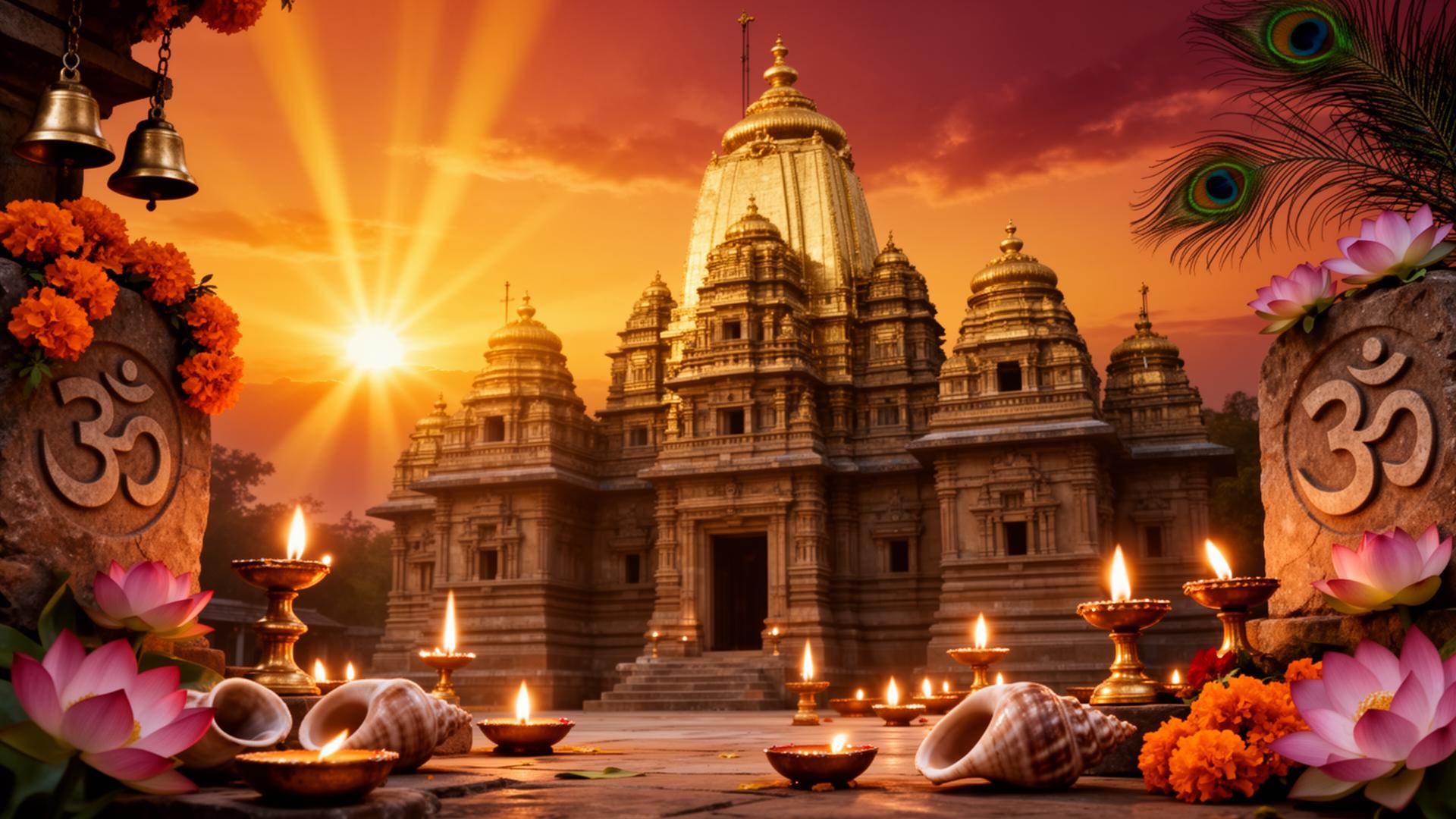Sacred Hindu temple at sunrise with lamps, lotus and om symbols